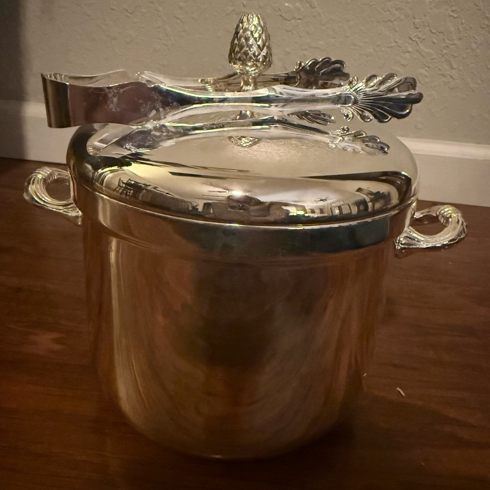Silver Plated Insulated Ice Bucket with Lid, Handle & Tongs, Barware Set